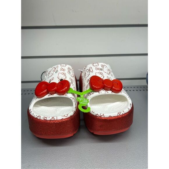 Crocs Women’s Hello Kitty Stomp Slides White Red Shiny Soles Platforms Sz 10 US - Picture 2 of 7